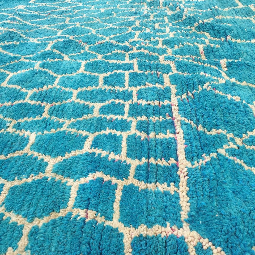 Teyuki - Oversized 10x10 Square Teal Beni Ourain Rug - Plush Geometric Berber Wool Shag Carpet | 10'6"x10'8" Ft | 321x325 cm - OunizZ