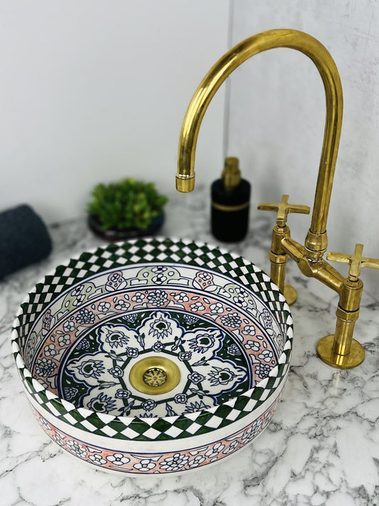 Valencia - Handmade Moroccan Ceramic Sink – Green and Peach Patterned Bathroom Vessel Sink - (ETMMT) - OunizZ