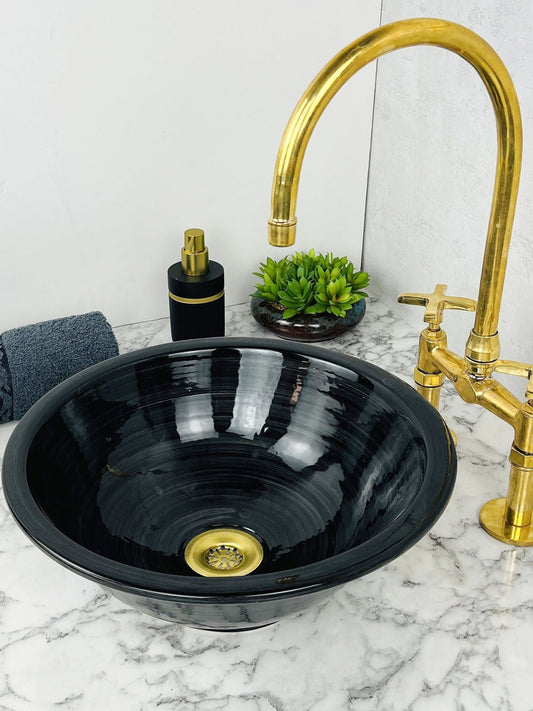 Venice - Handmade Moroccan Round Ceramic Sink – Glossy Black Top Counter Vessel Sink - (ETMMT) - OunizZ
