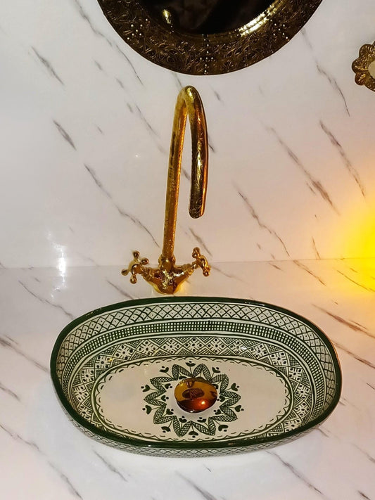 Vienna - Handmade Moroccan Oval Ceramic Sink – Green Geometric Top Counter Vessel Sink - (ETAFS) - OunizZ