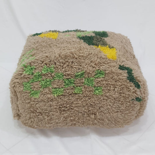 Whimsical Handwoven Beni Ourain Pouf – Green Yellow Floor Cushion 24x24x8 inch | 60x60x20 cm - OunizZ