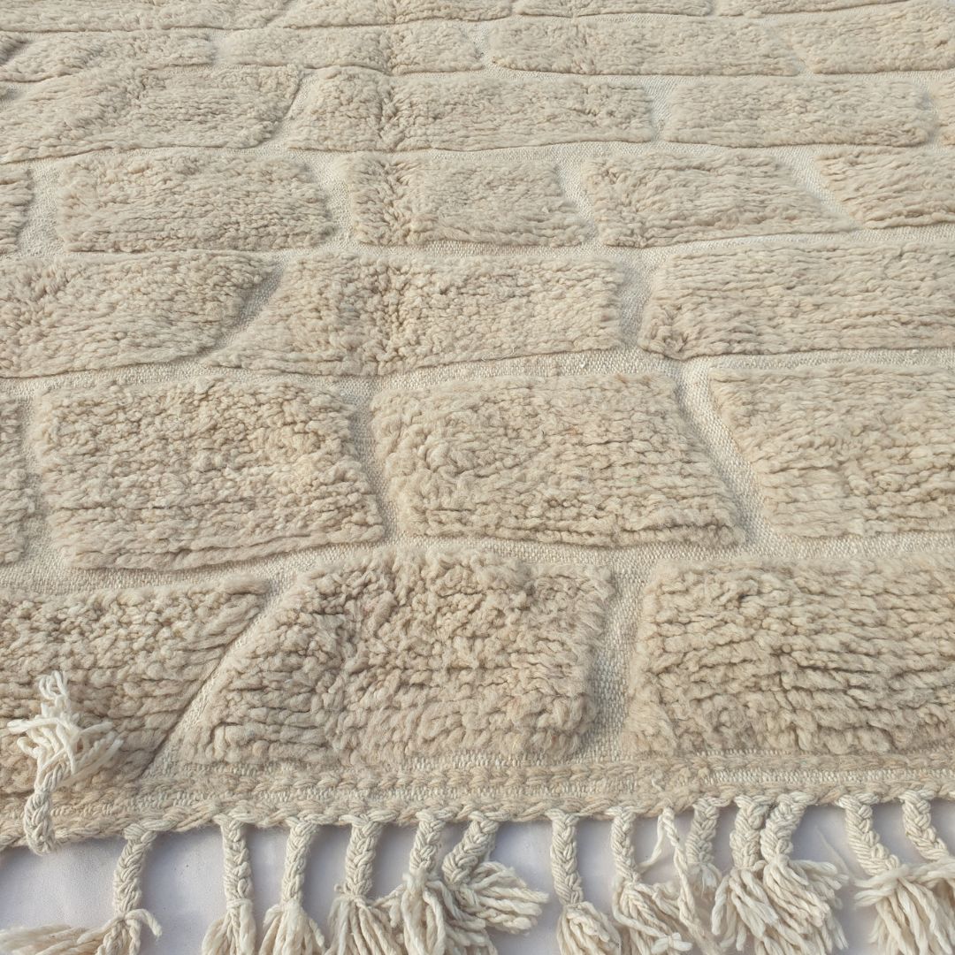 Yabre - Ivory Beni Ourain Rug - Brick Cobblestone Carved Relief Moroccan Berber Carpet | 6'7"x10'3" Ft | 201x314 cm - OunizZ