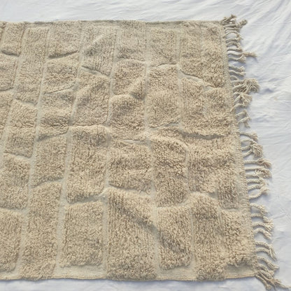 Yabre - Ivory Beni Ourain Rug - Brick Cobblestone Carved Relief Moroccan Berber Carpet | 6'7"x10'3" Ft | 201x314 cm - OunizZ