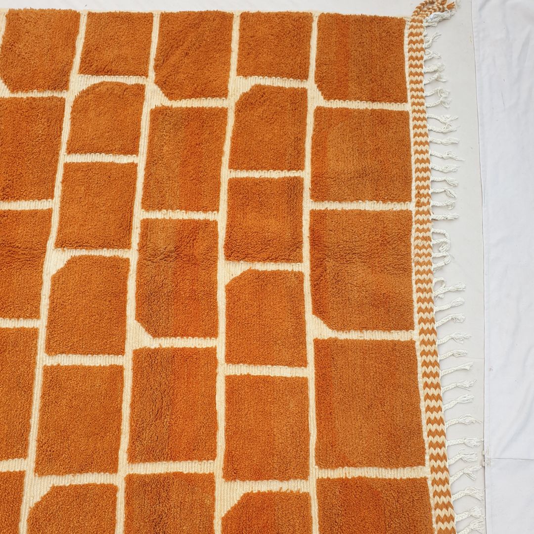 Yajri | Beni Ourain 7x9 Checkered Moroccan Rug Rust Color Ultra Soft | Handmade Berber Wool Carpet | 7x9'77 Ft | 213x298 cm - OunizZ