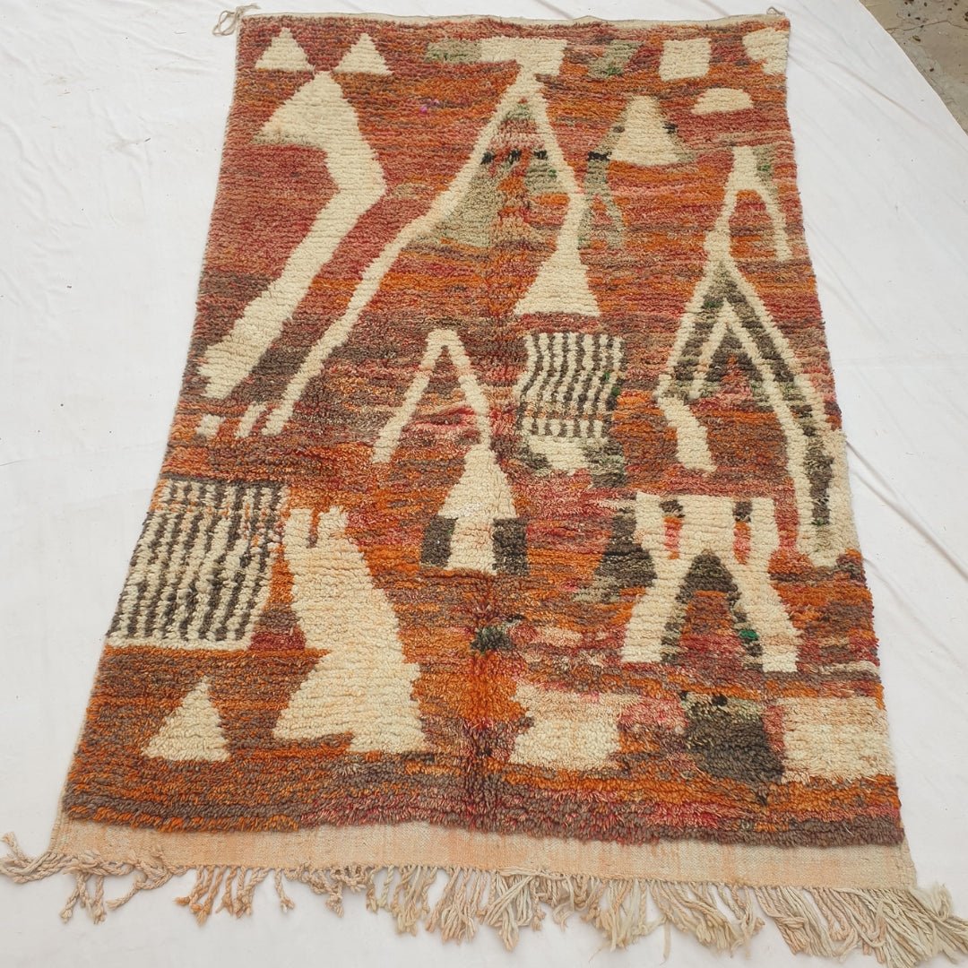 Zafla - Rust Moroccan Rug with Cream Triangle Mountain Design - Handwoven Berber Carpet | 6'3"x10'4" Ft | 191x316 cm - OunizZ