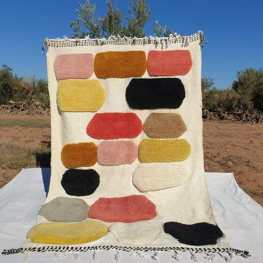 BENI OUARAIN RUG Soft & Thick Colorful Living Room Carpet | Moroccan High Pile Area Rug Berber Authentic Wool | 10'2x6'8 Ft | 3,10x2,08 m | Birika - OunizZ