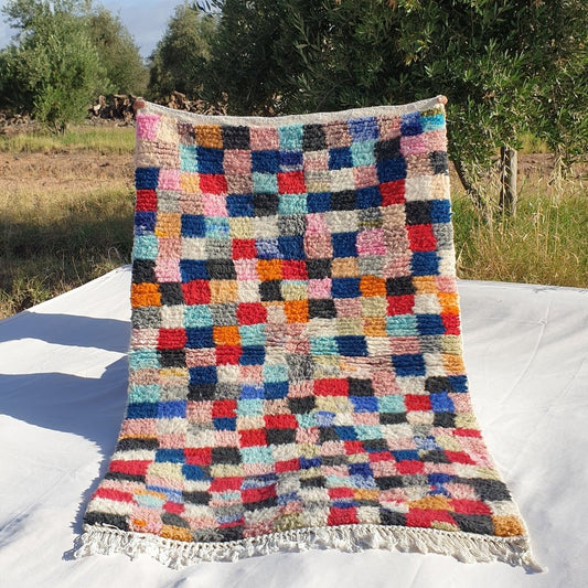 Dama - BENI OUARAIN Moroccan checkered Rug for Bedroom | Moroccan High Pile Area Rug Berber Authentic Wool | 5x3'3 Ft | 151x100 cm - OunizZ