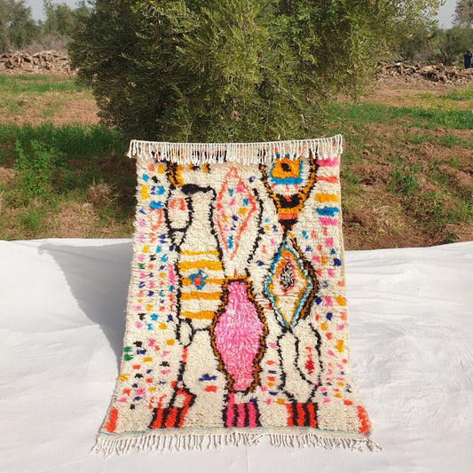 Mamach - Moroccan Rug 3x5 White Azilal | Authentic Berber Moroccan Bedroom Rug | Handmade 100% Wool Rug | 158x109 cm | 5'18x3'58 ft - OunizZ