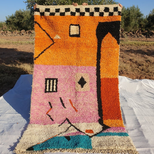 MOROCCAN BOUJAAD RUG | Moroccan Berber Rug | Orange & Pink Rug Moroccan Carpet | Authentic Handmade Berber Bedroom Rugs | 8'5x4'9 Ft | 2,60x1,48 m - OunizZ