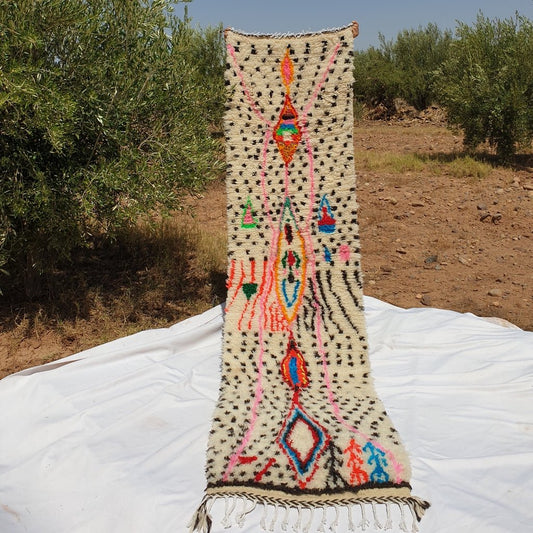 Moroccan Runner Rug | Authentic Azilal Runner | Colorful Wool Rug | Berber Runner | Lightweight | Hallway Runner | Handwoven | Geometric | 12'5 x 2'6 Ft - OunizZ