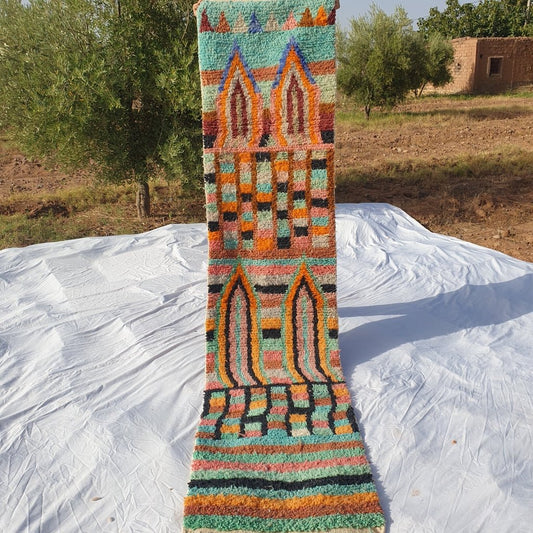 Moroccan Runner Rug | Authentic Boujaad Runner | Colorful Wool Rug | Berber Runner | Lightweight | Hallway Runner | Geometric | 10'1 x 2'3 Ft | 307x70 cm - OunizZ