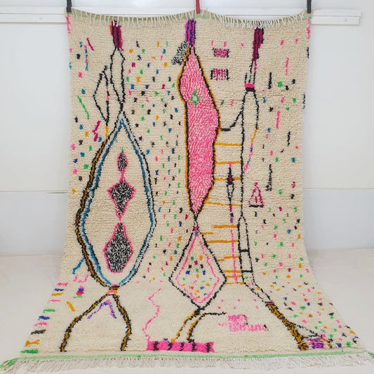 White Azilal Moroccan Rug | Berber Moroccan Rug | Moroccan Living room Rug | Authentic Handmade Moroccan Wool Rug | 295x187 cm | 9'7x6'1 ft - OunizZ